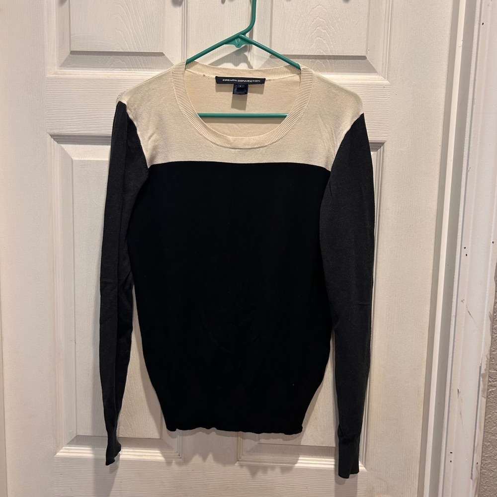 French Connection Sweater Womens L Color Block Beige Black‎ Long Sleeve Knit